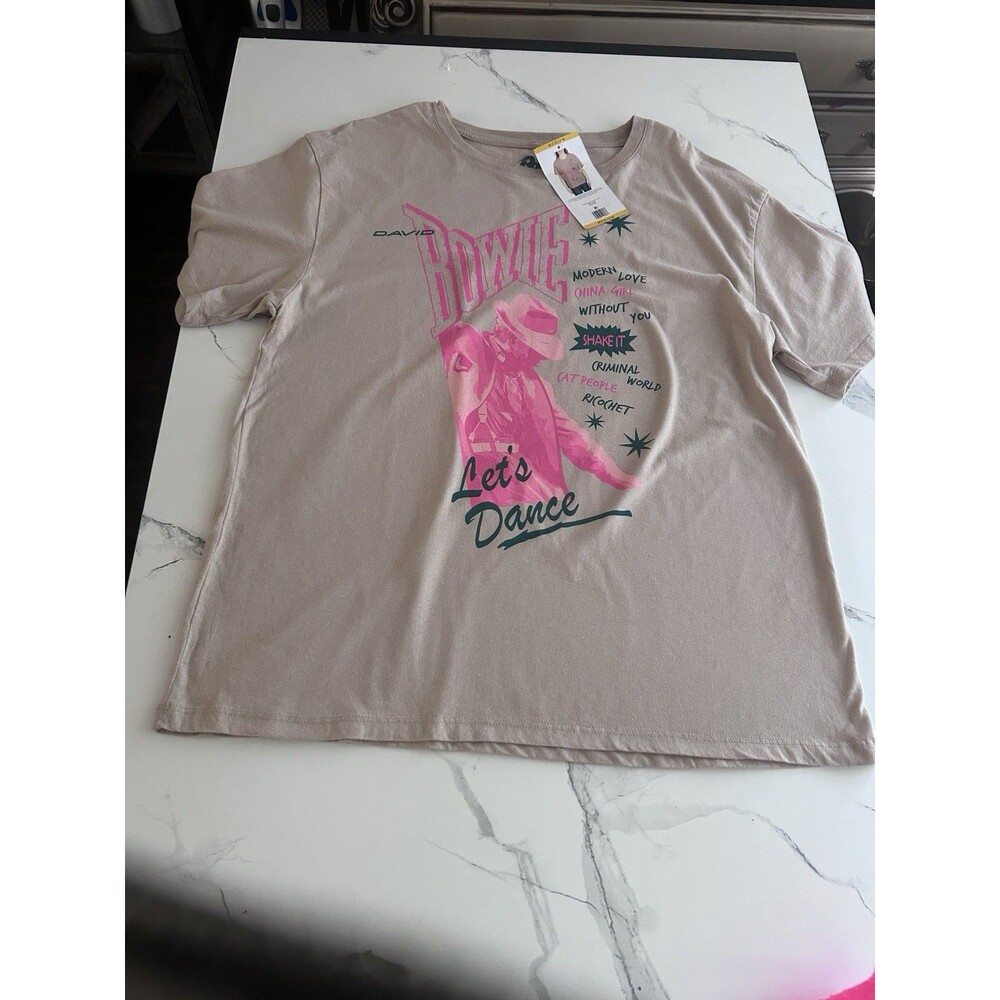 Women’s David Bowie Let’s Dance Graphic T-Shirt Medium Beige NWT 100% Cotton